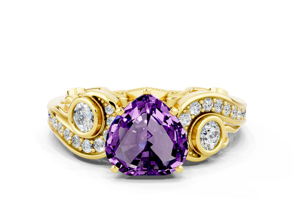 Yellow gold Heart Cut Amethyst Solitaire Ring with Milgrain Pavé Band and Four-Prong Setting