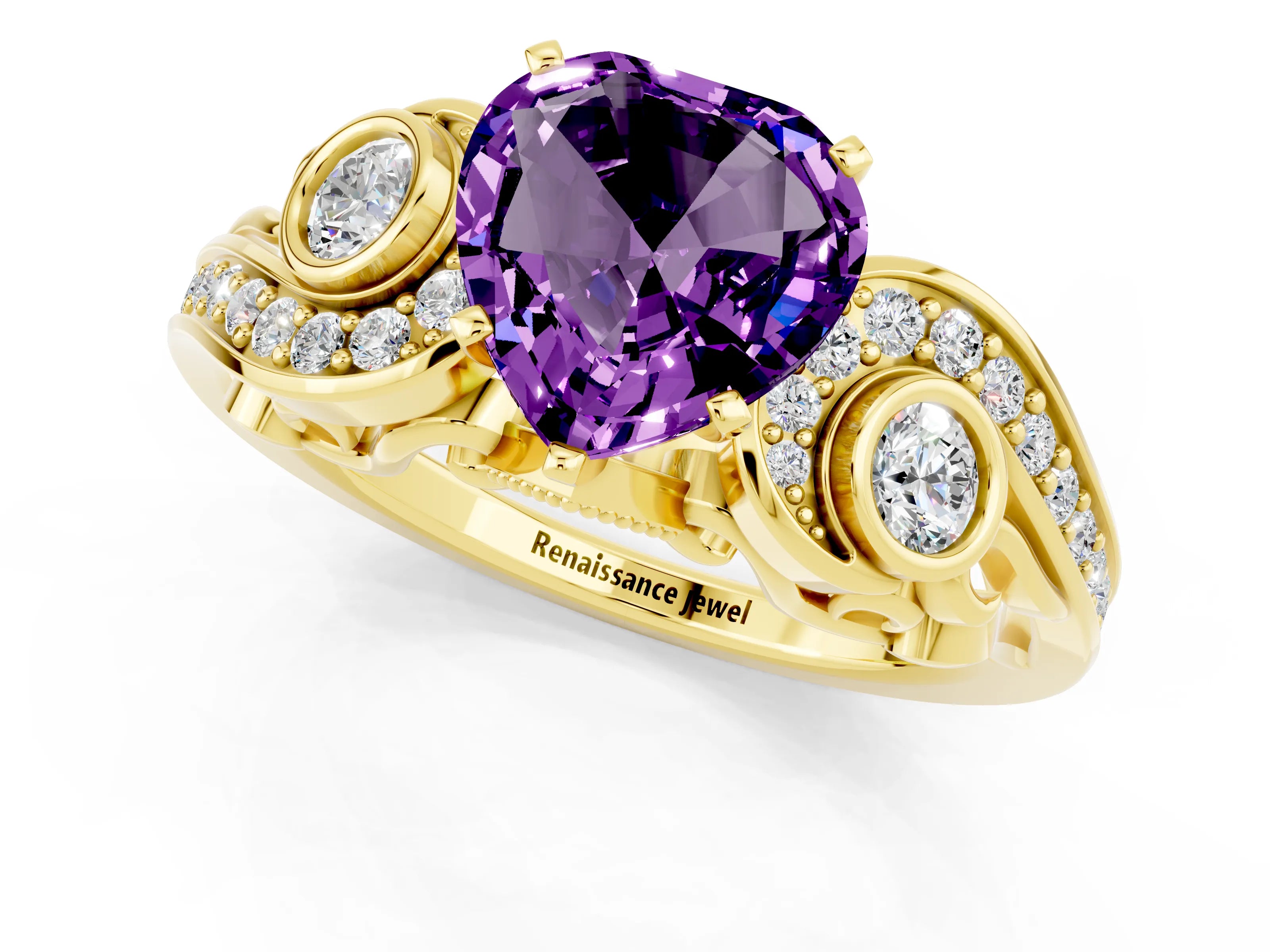 Yellow gold Heart Cut Amethyst Solitaire Ring with Milgrain Pavé Band and Four-Prong Setting_25