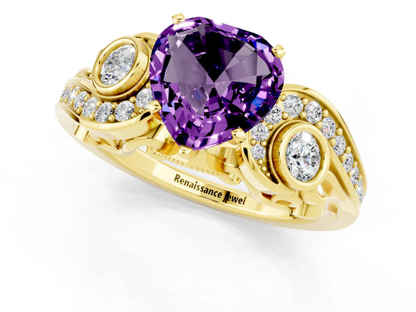 Yellow gold Heart Cut Amethyst Solitaire Ring with Milgrain Pavé Band and Four-Prong Setting