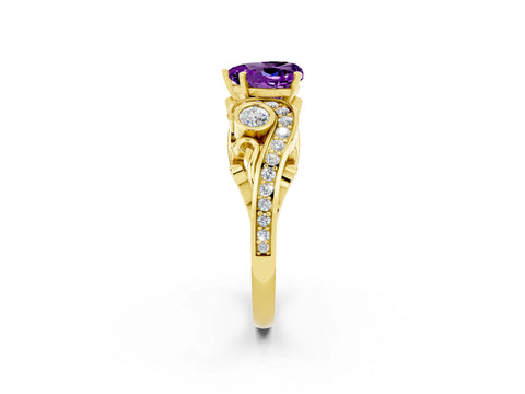 Yellow gold Heart Cut Amethyst Solitaire Ring with Milgrain Pavé Band and Four-Prong Setting_26