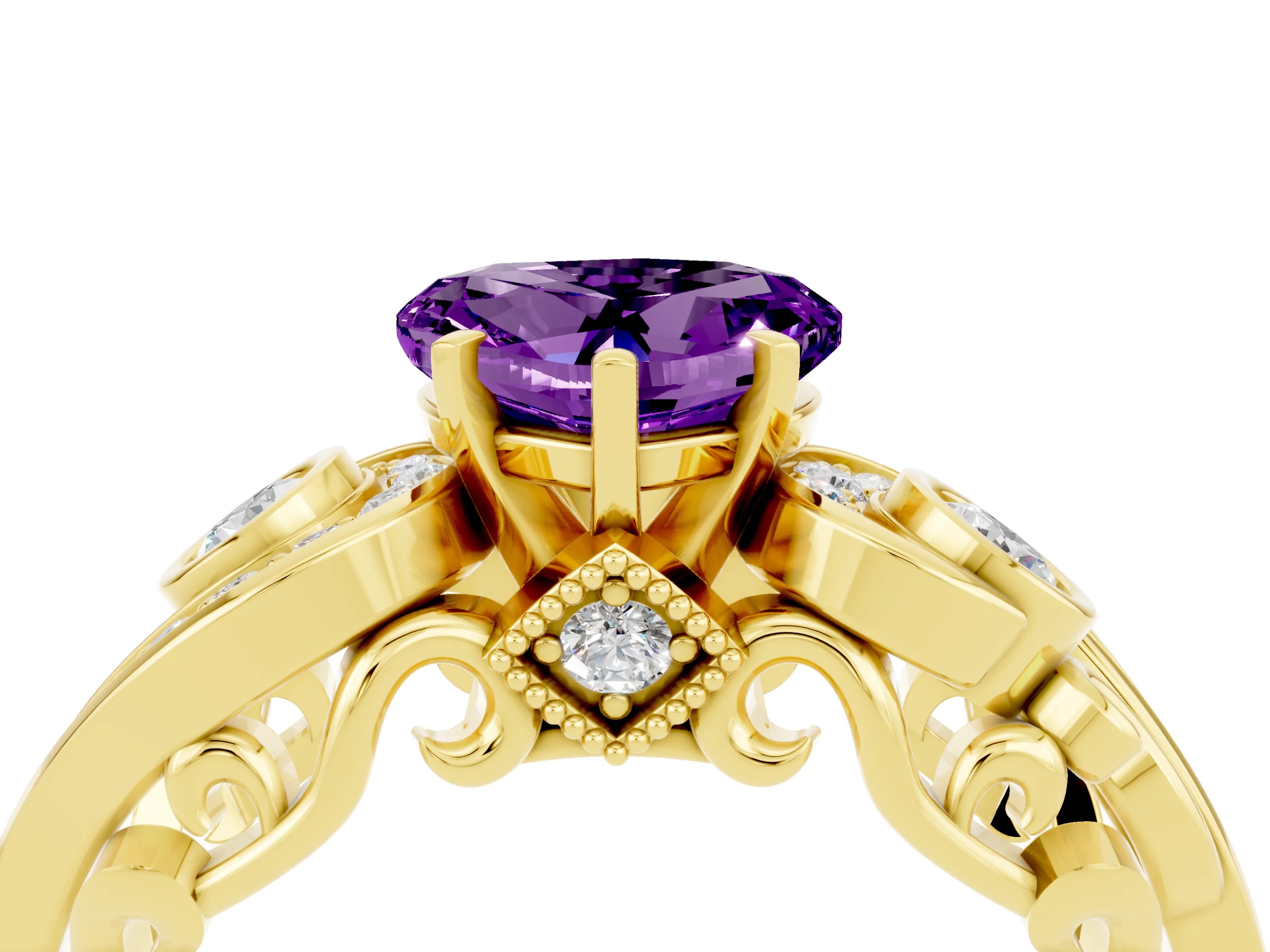 Yellow gold Heart Cut Amethyst Solitaire Ring with Milgrain Pavé Band and Four-Prong Setting_28