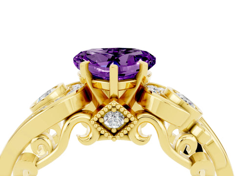 Yellow gold Heart Cut Amethyst Solitaire Ring with Milgrain Pavé Band and Four-Prong Setting_28