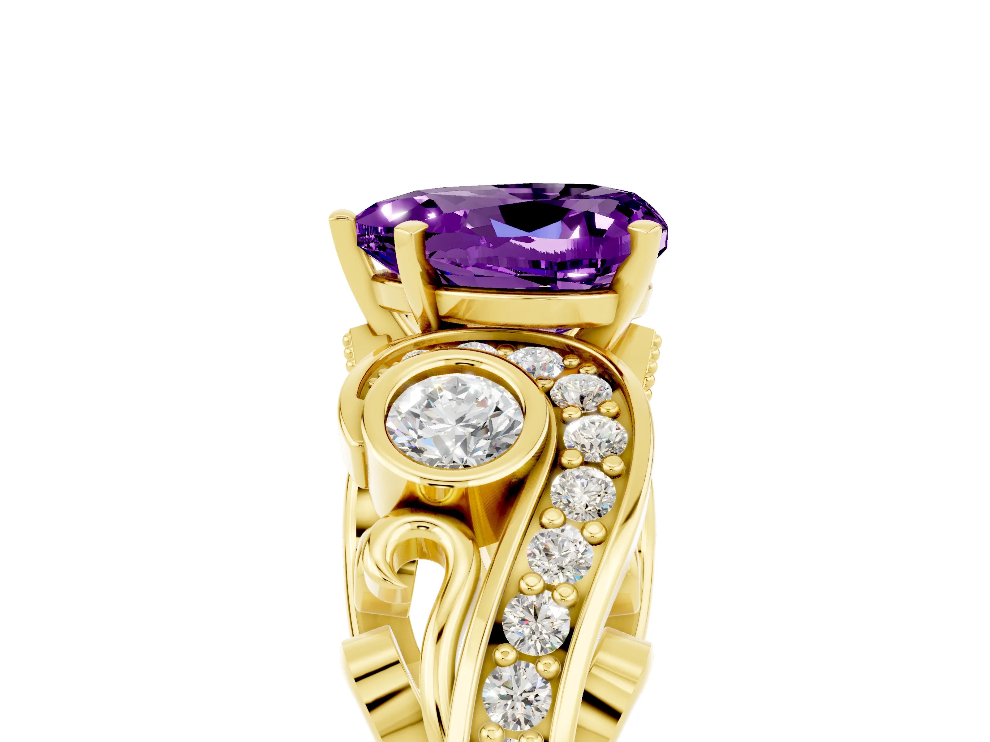 Yellow gold Heart Cut Amethyst Solitaire Ring with Milgrain Pavé Band and Four-Prong Setting_29
