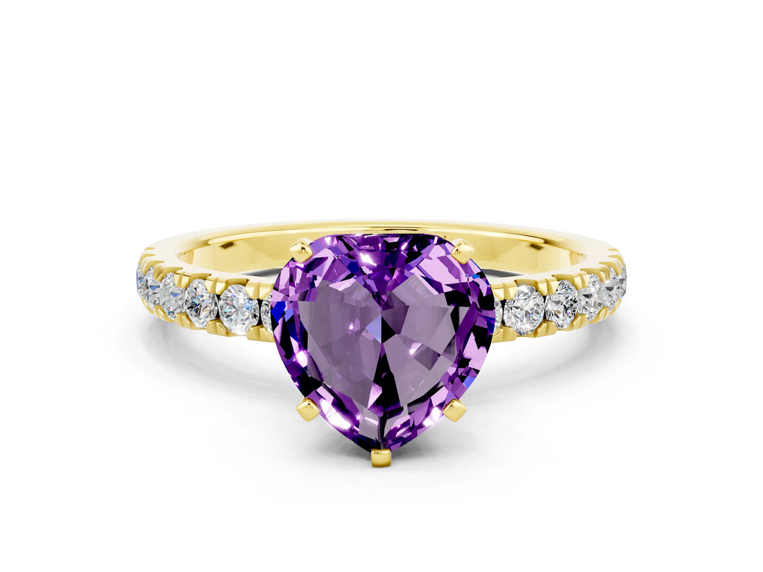 Yellow gold Heart Cut Amethyst Solitaire Ring with Pavé Accents and Four-Prong Setting