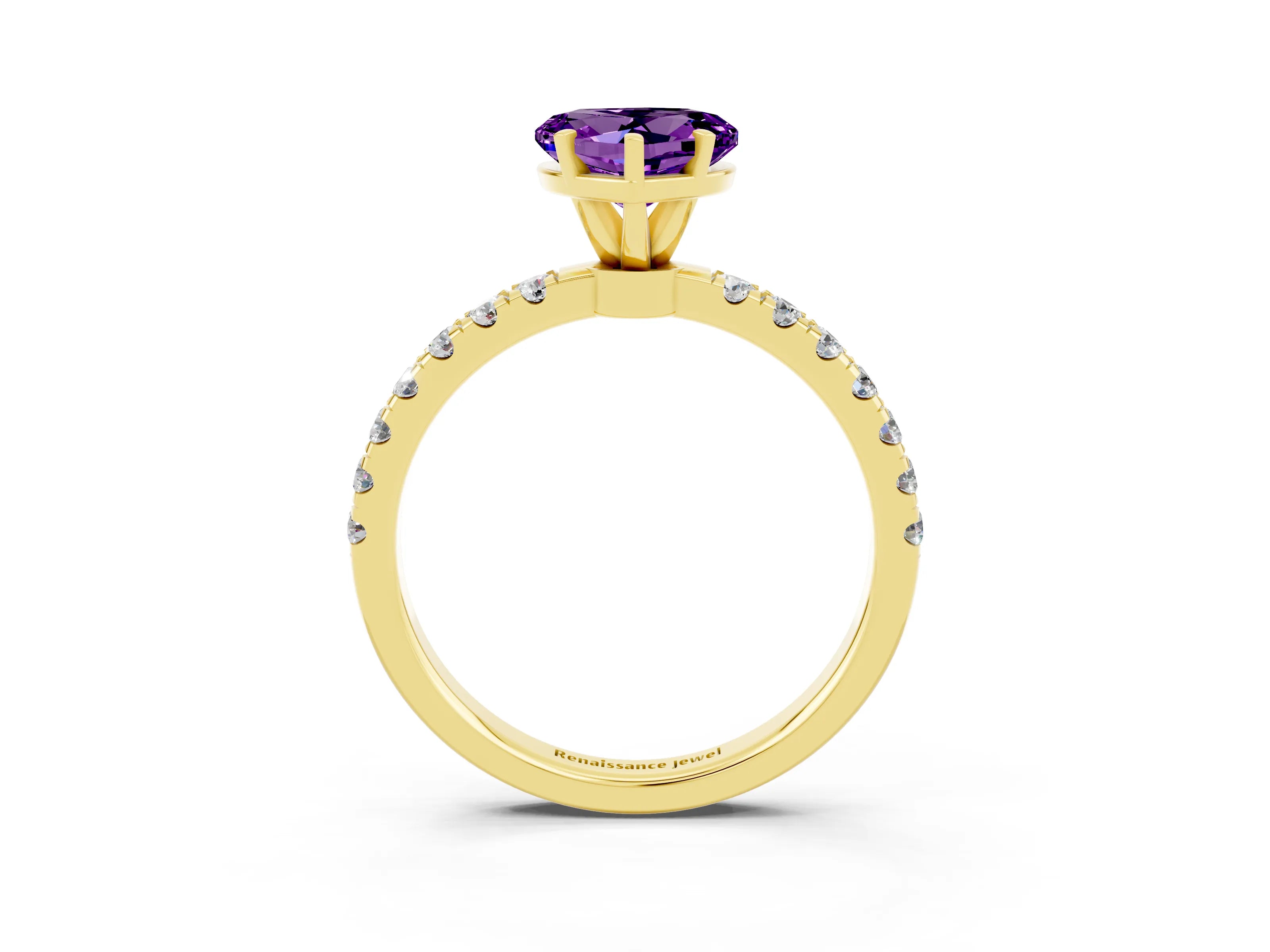 Yellow gold Heart Cut Amethyst Solitaire Ring with Pavé Accents and Four-Prong Setting_3
