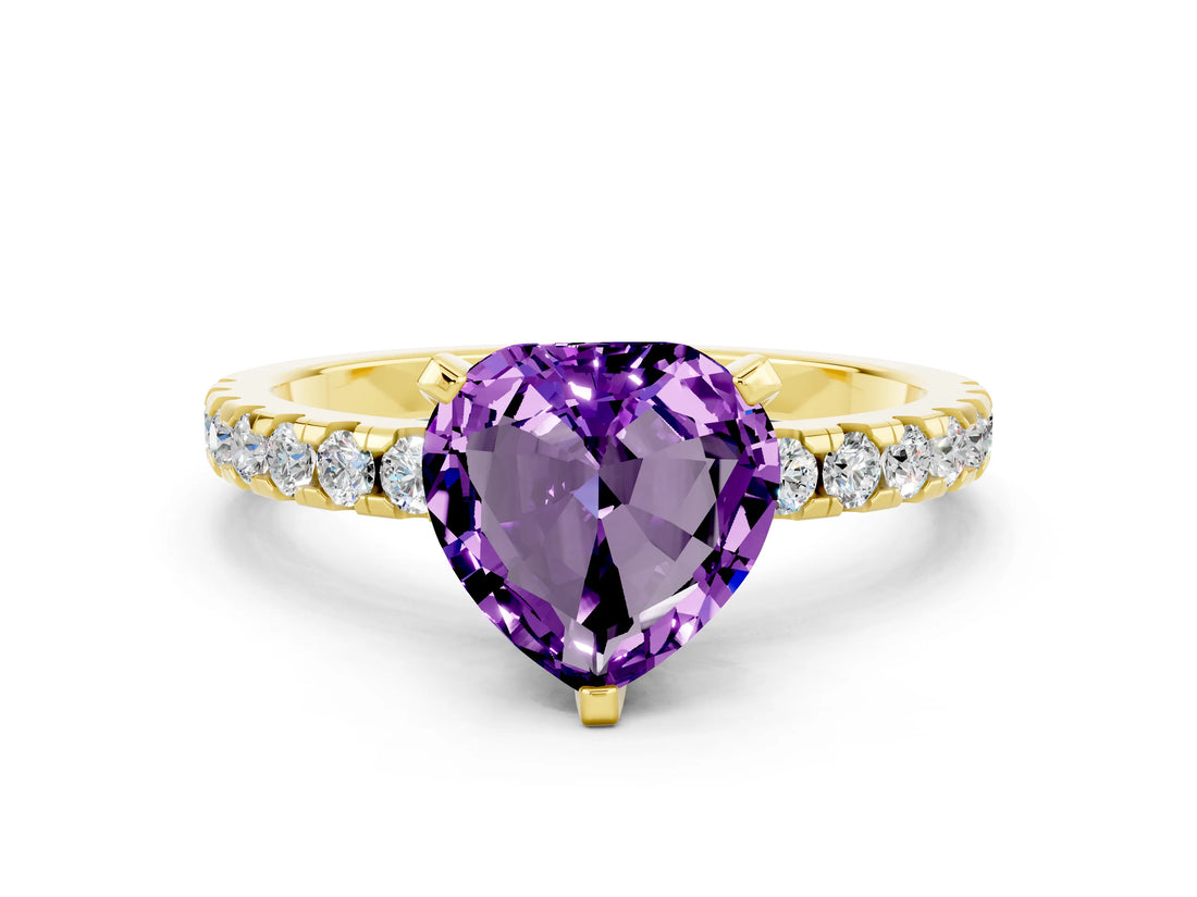 Yellow gold Heart Cut Amethyst Solitaire Ring with Pavé Band and Four-Prong Setting_24