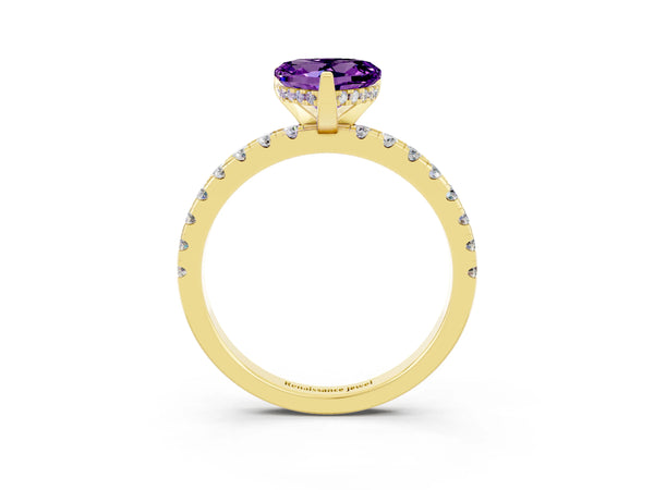 Yellow gold Heart Cut Amethyst Solitaire Ring with Round  Pavé Band and Four-Prong Setting
