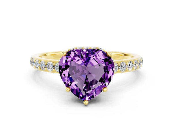Yellow gold Heart Cut Amethyst Solitaire Ring with Pavé Band and Hidden Halo