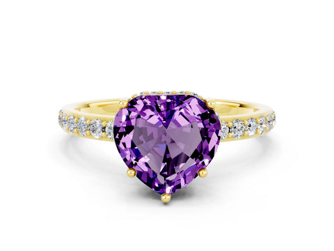 Yellow gold Heart Cut Amethyst Solitaire Ring with Pavé Band and Hidden Halo_12