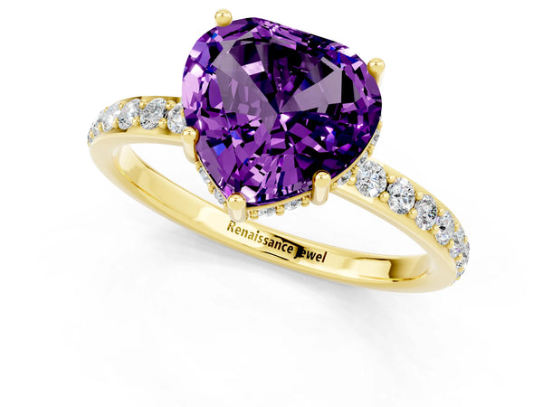 Yellow gold Heart Cut Amethyst Solitaire Ring with Pavé Band and Hidden Halo
