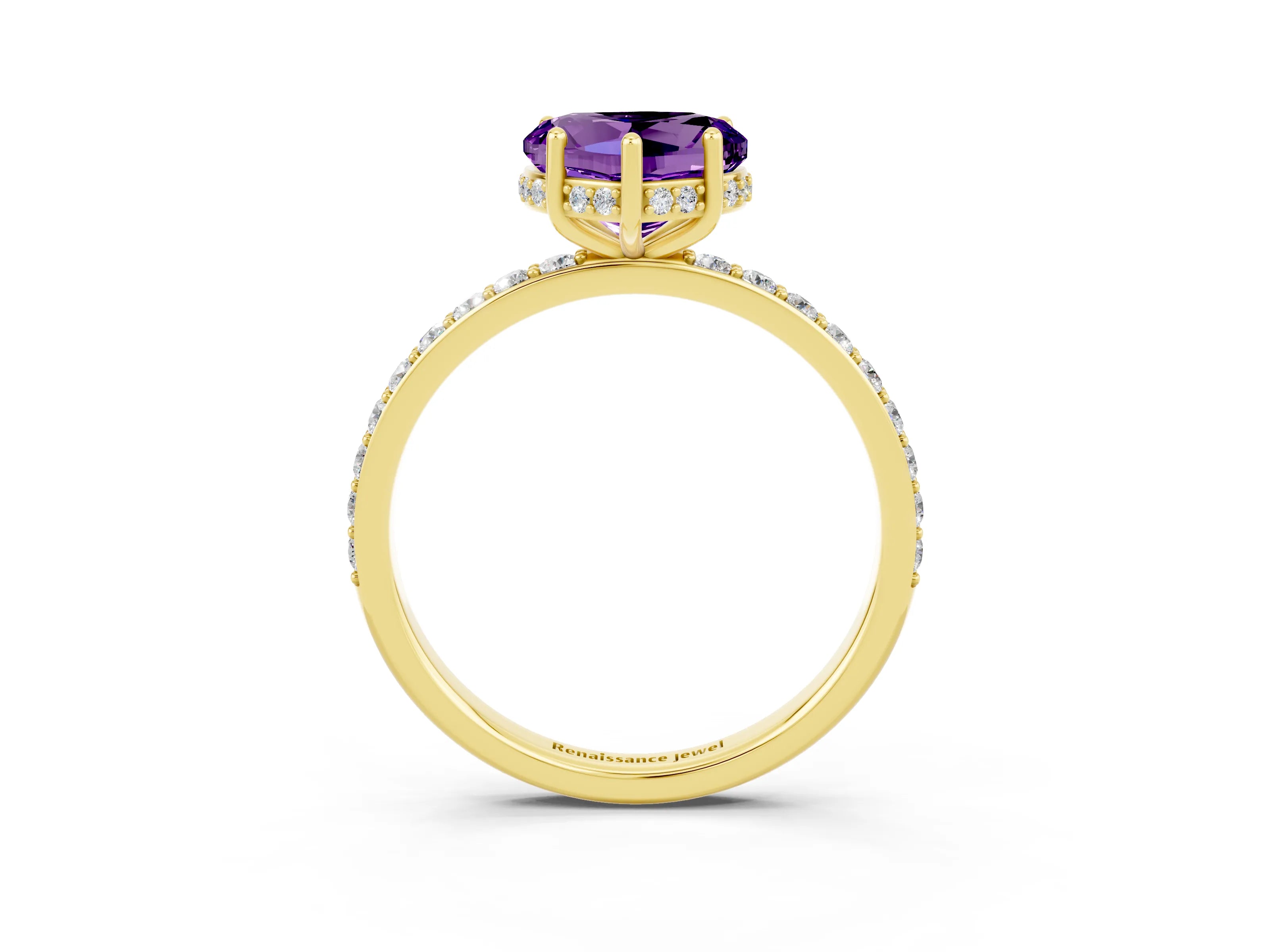 Yellow gold Heart Cut Amethyst Solitaire Ring with Pavé Band and Hidden Halo_15