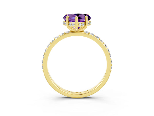 Yellow gold Heart Cut Amethyst Solitaire Ring with Pavé Band and Hidden Halo