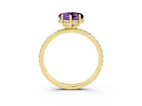 Yellow gold Heart Cut Amethyst Solitaire Ring with Pavé Band and Hidden Halo_15