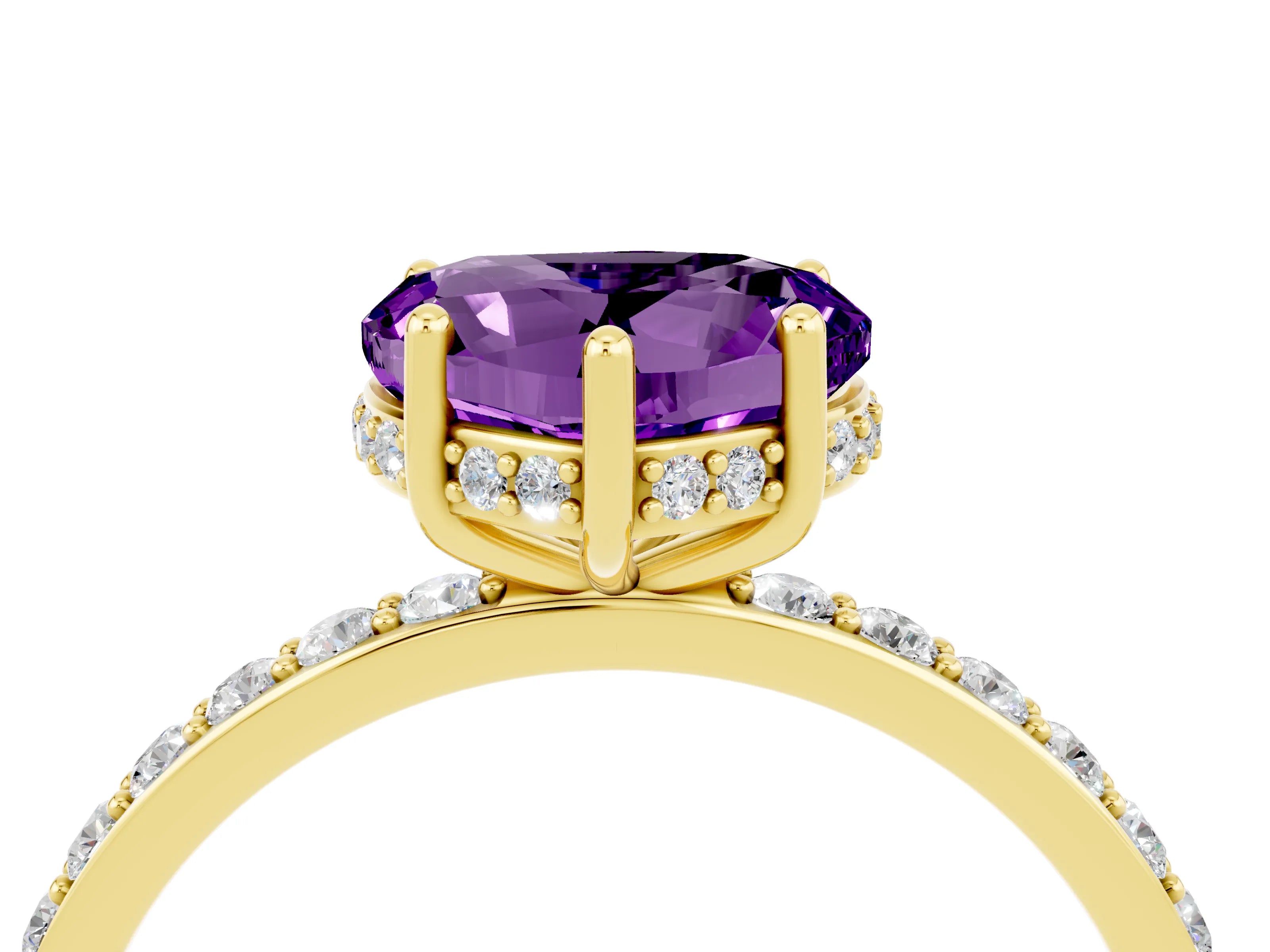 Yellow gold Heart Cut Amethyst Solitaire Ring with Pavé Band and Hidden Halo_16