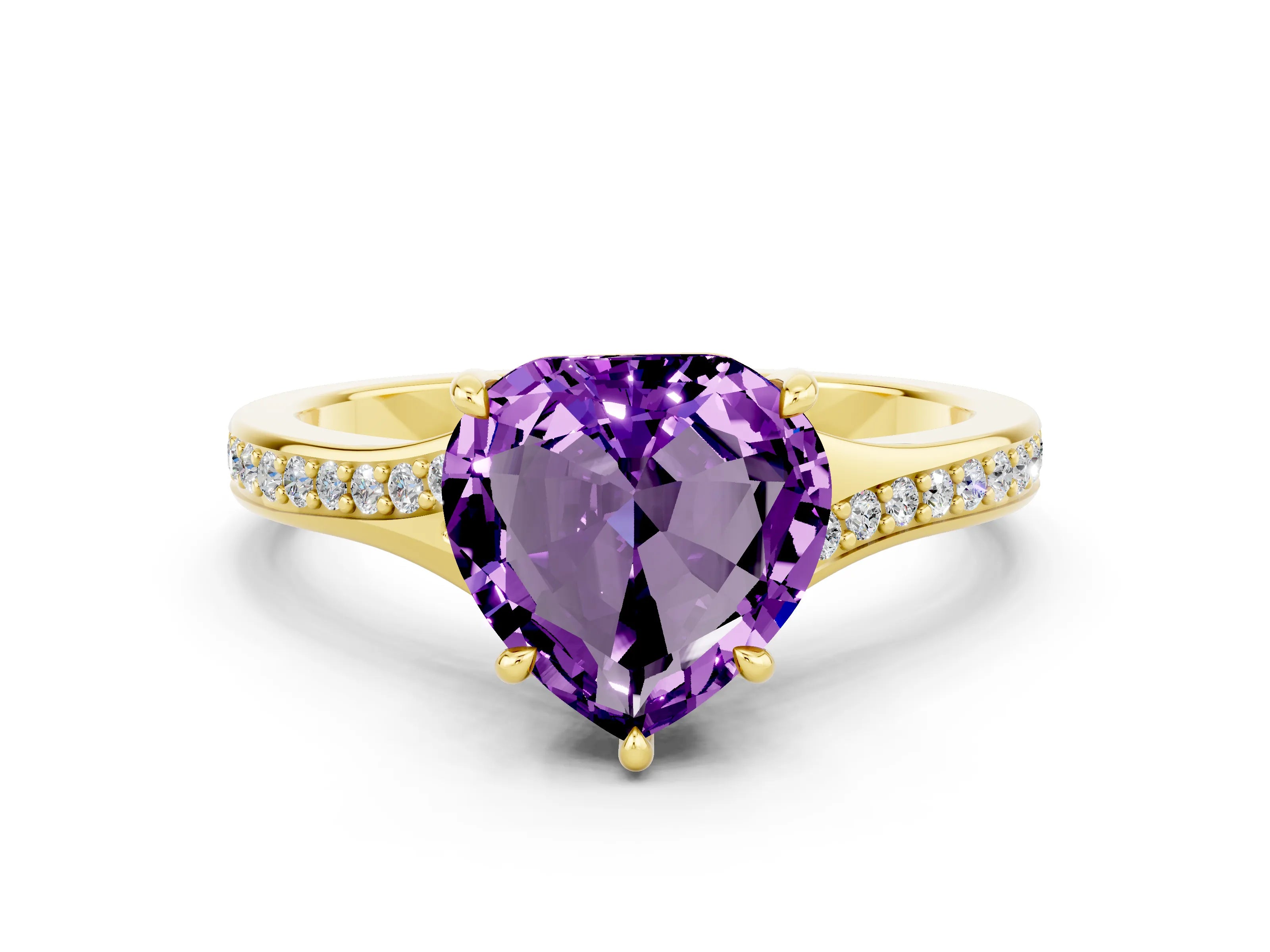 Yellow gold Heart Cut Amethyst Solitaire Ring with Pavé Band and Prong Setting_12