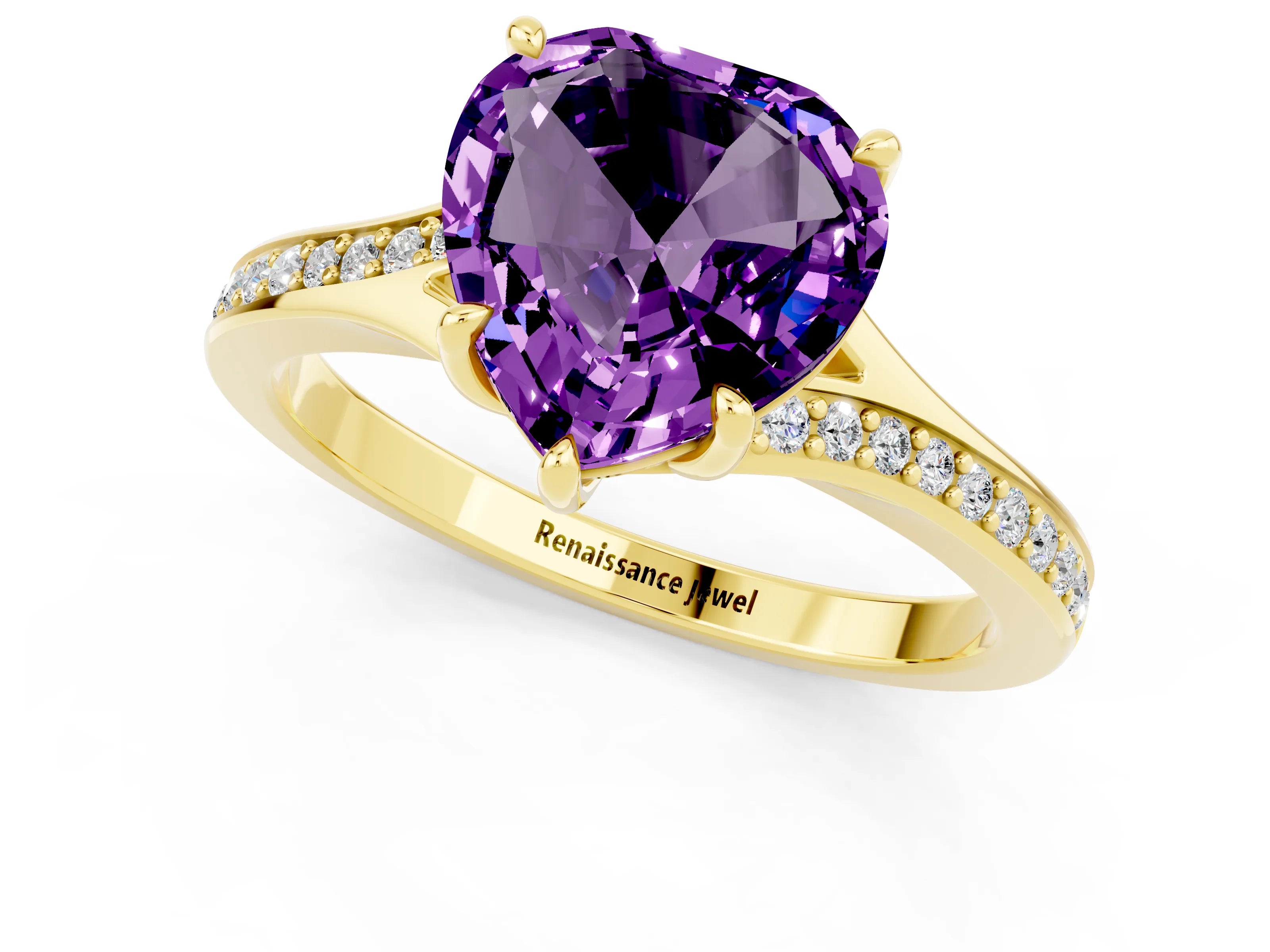 Yellow gold Heart Cut Amethyst Solitaire Ring with Pavé Band and Prong Setting_13