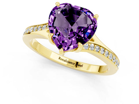 Yellow gold Heart Cut Amethyst Solitaire Ring with Pavé Band and Prong Setting_13