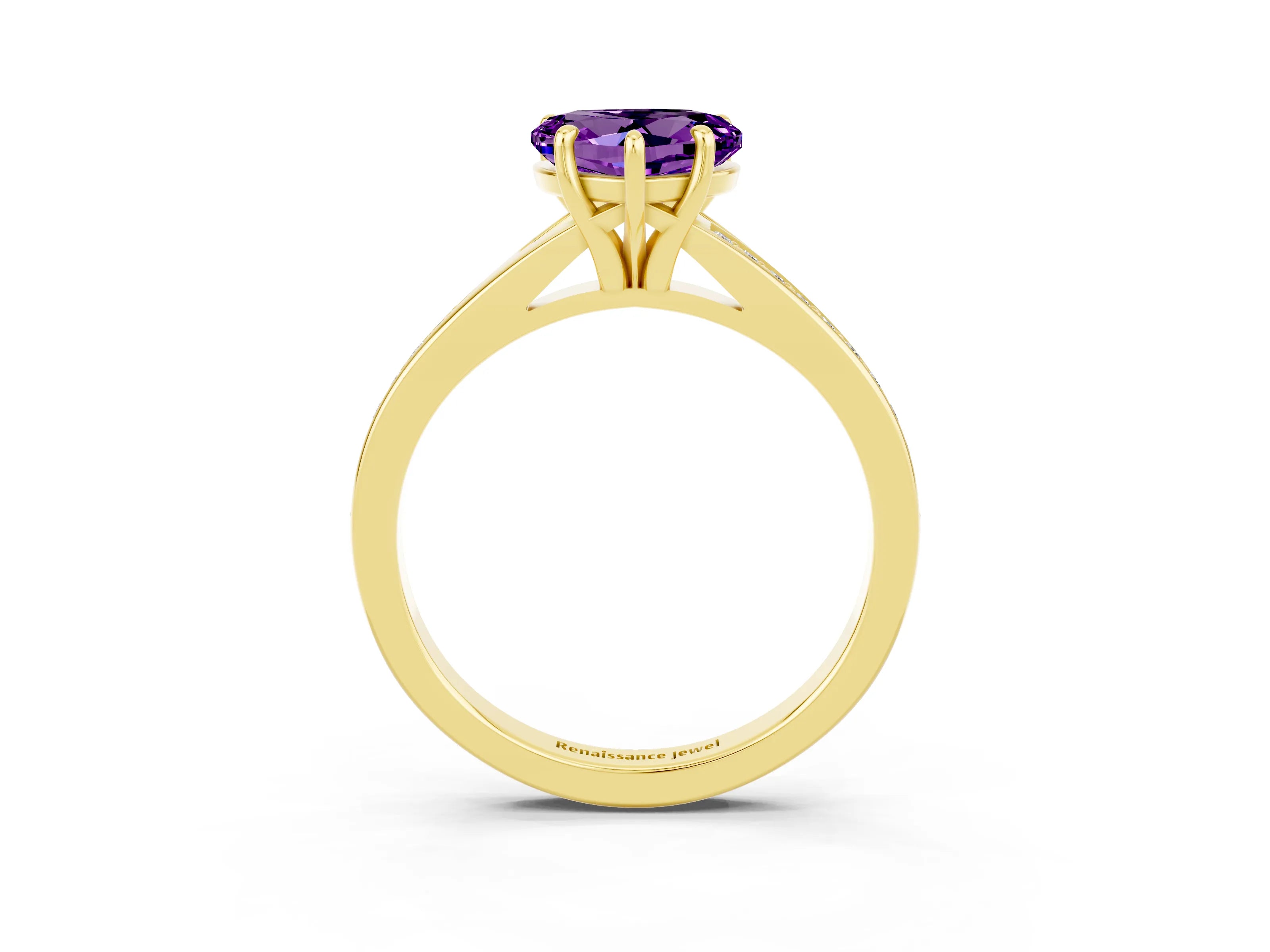 Yellow gold Heart Cut Amethyst Solitaire Ring with Pavé Band and Prong Setting_15