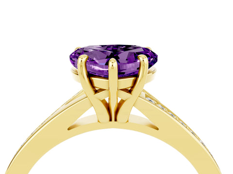 Yellow gold Heart Cut Amethyst Solitaire Ring with Pavé Band and Prong Setting_16