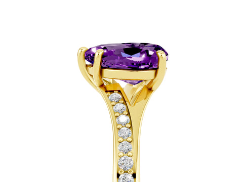 Yellow gold Heart Cut Amethyst Solitaire Ring with Pavé Band and Prong Setting_17