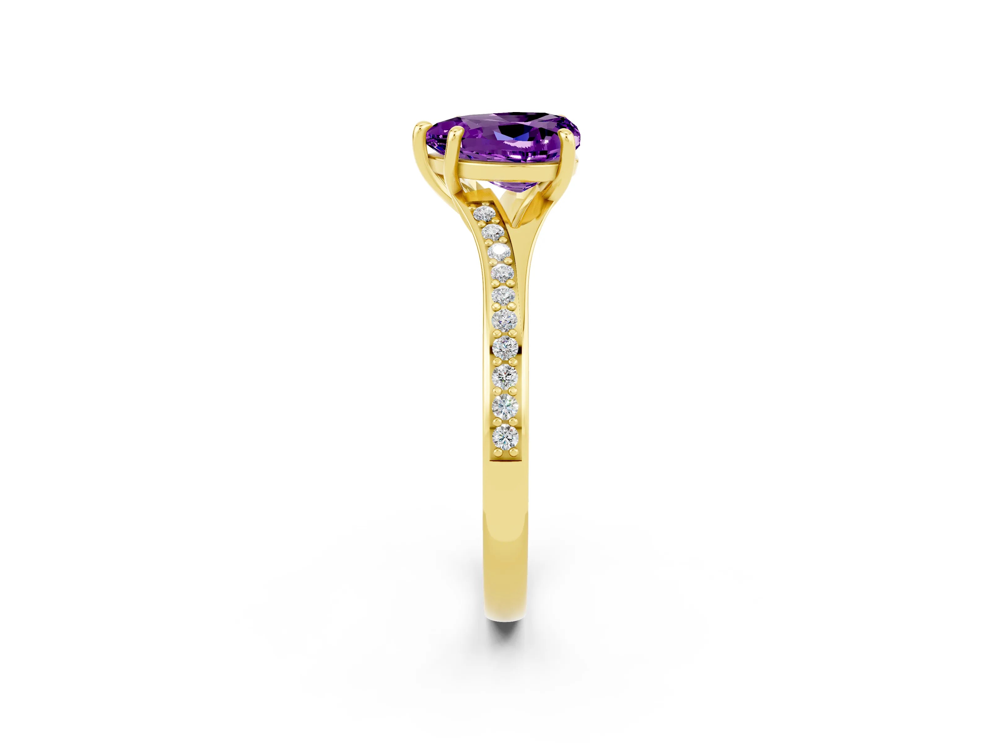 Yellow gold Heart Cut Amethyst Solitaire Ring with Pavé Band and Prong Setting_2