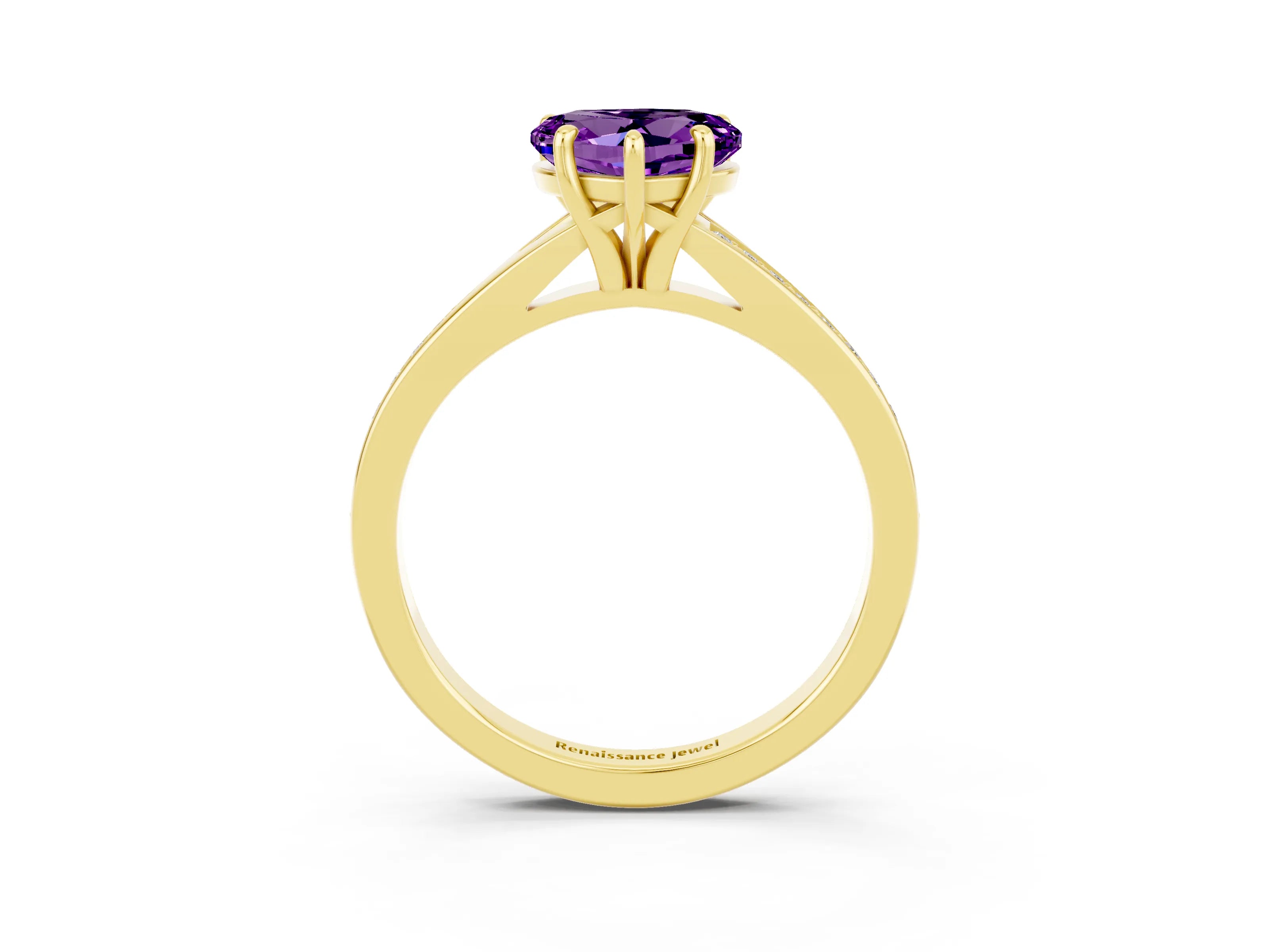Yellow gold Heart Cut Amethyst Solitaire Ring with Pavé Band and Prong Setting_3