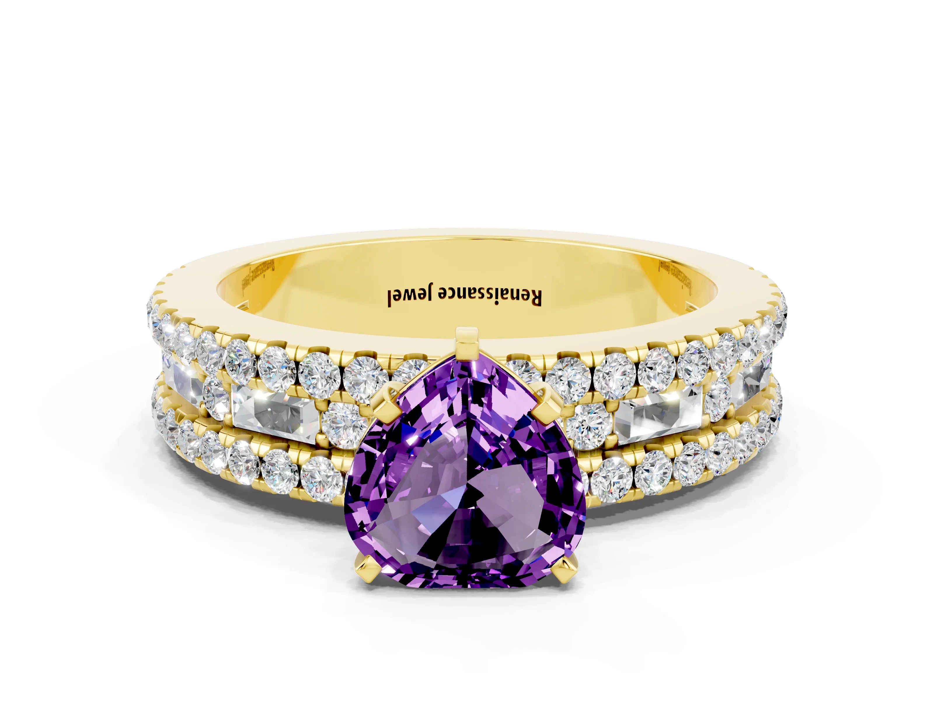 Yellow gold Heart Cut Amethyst Solitaire Ring with Pavé and Channel Set Band