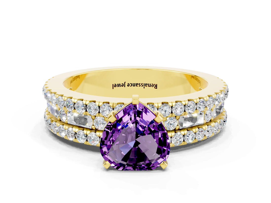 Yellow gold Heart Cut Amethyst Solitaire Ring with Pavé and Channel Set Band