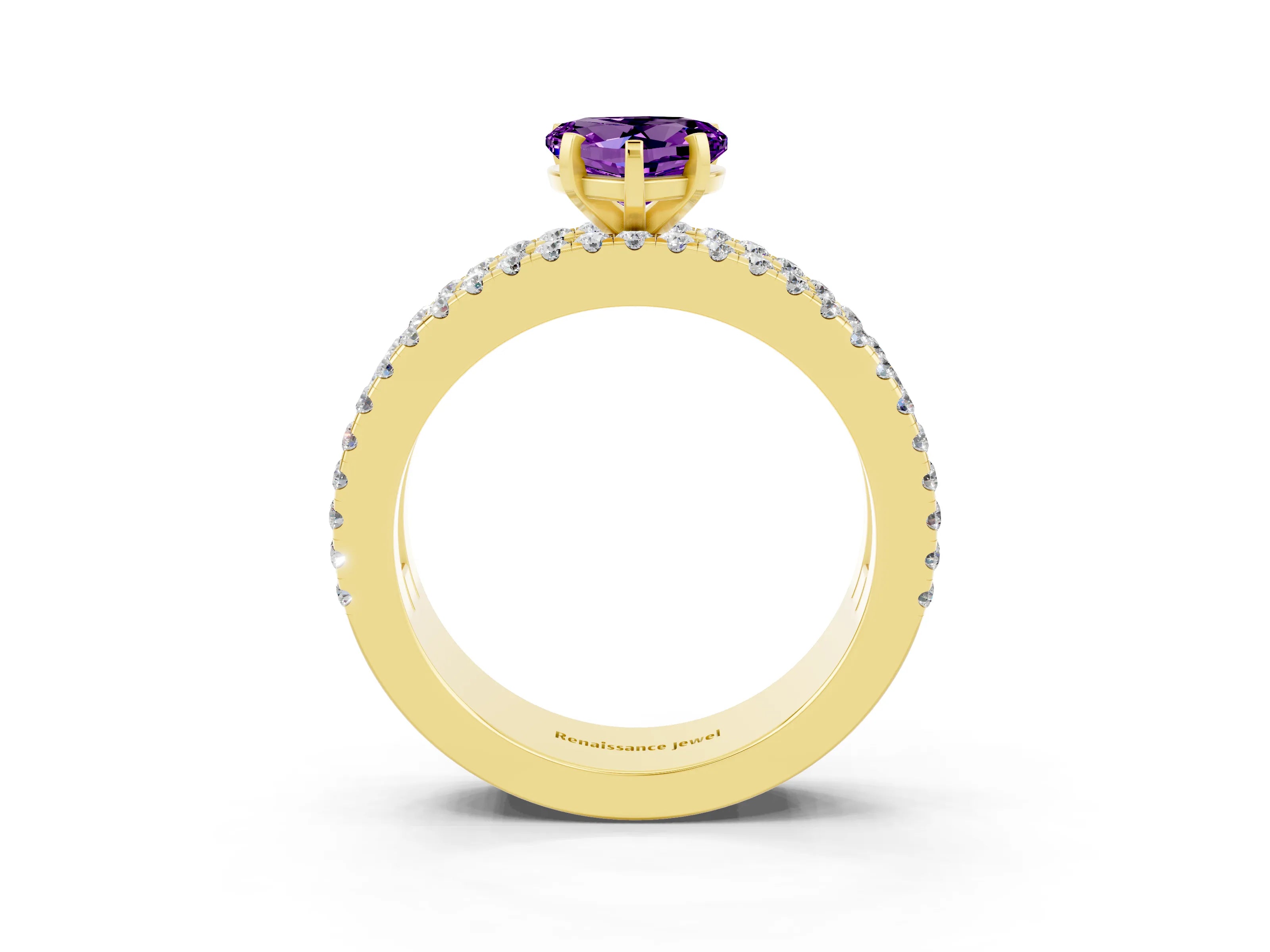 Yellow gold Heart Cut Amethyst Solitaire Ring with Pavé and Channel Set Band_3