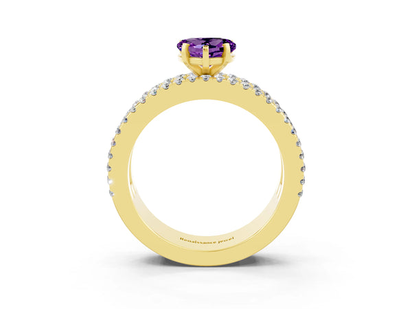 Yellow gold Heart Cut Amethyst Solitaire Ring with Pavé and Channel Set Band