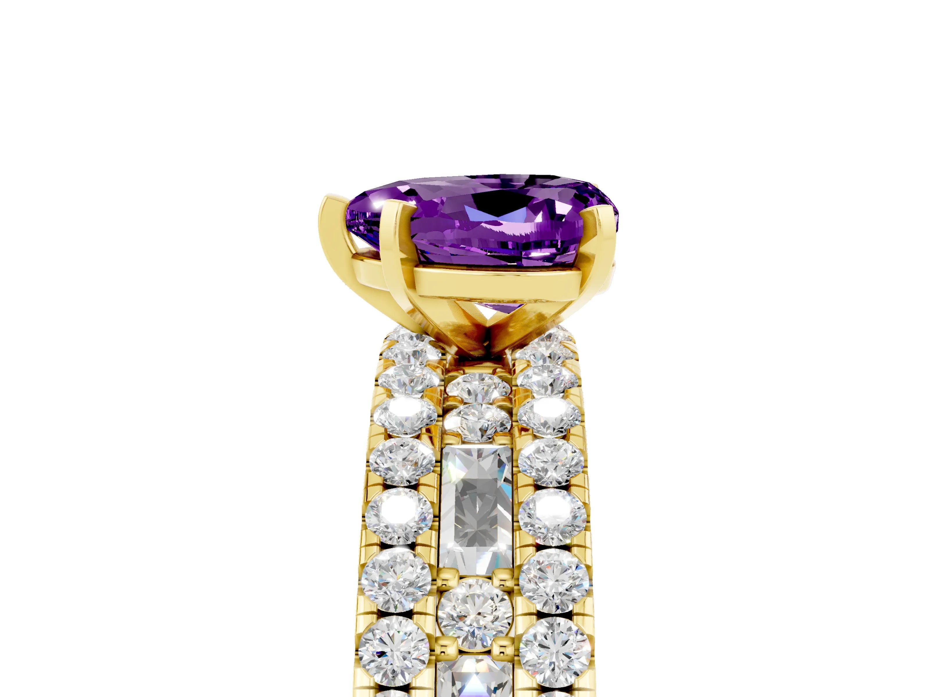Yellow gold Heart Cut Amethyst Solitaire Ring with Pavé and Channel Set Band_5