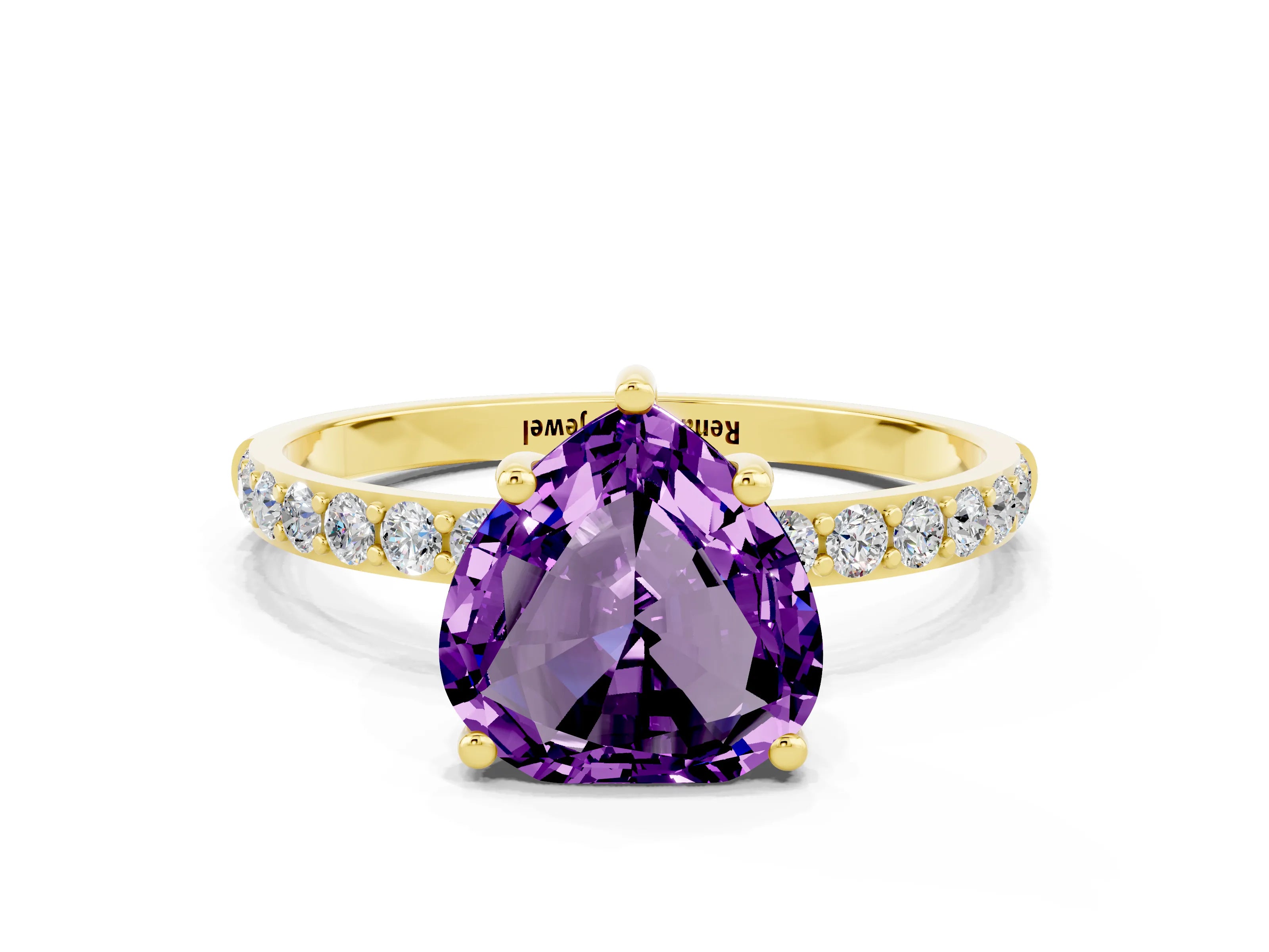 Yellow gold Heart Cut Amethyst Solitaire Ring with Pave Band and Four Prong Setting_24