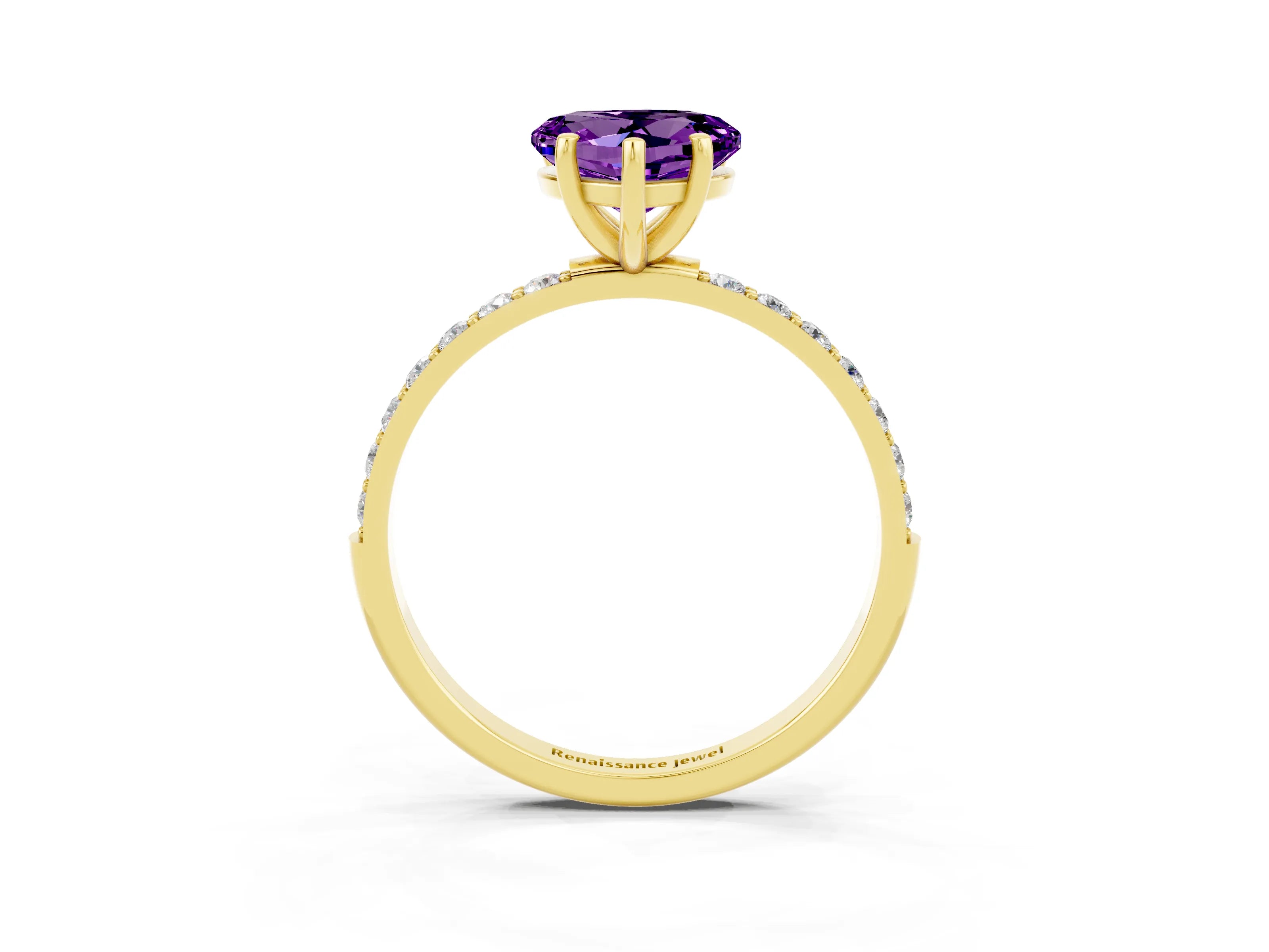 Yellow gold Heart Cut Amethyst Solitaire Ring with Pave Band and Four Prong Setting_27