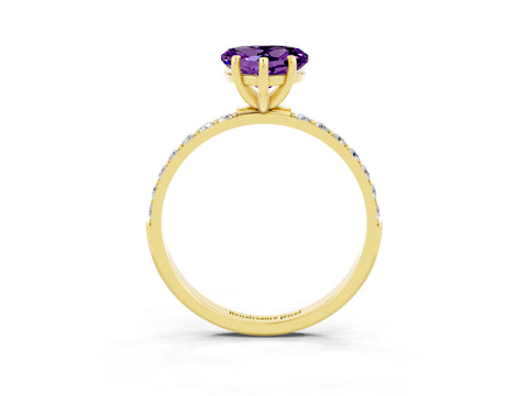 Yellow gold Heart Cut Amethyst Solitaire Ring with Pave Band and Four Prong Setting_27