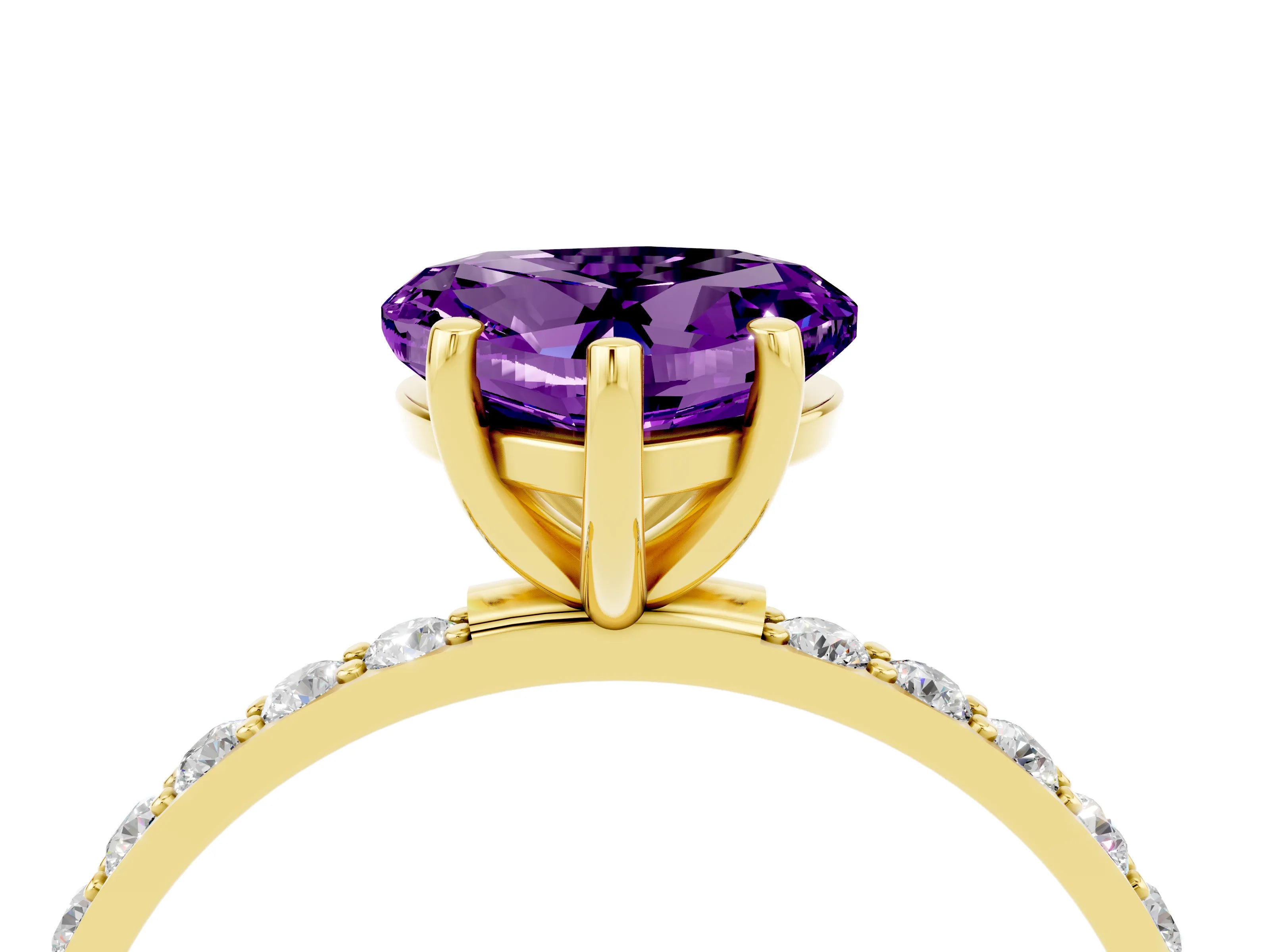 Yellow gold Heart Cut Amethyst Solitaire Ring with Pave Band and Four Prong Setting_28