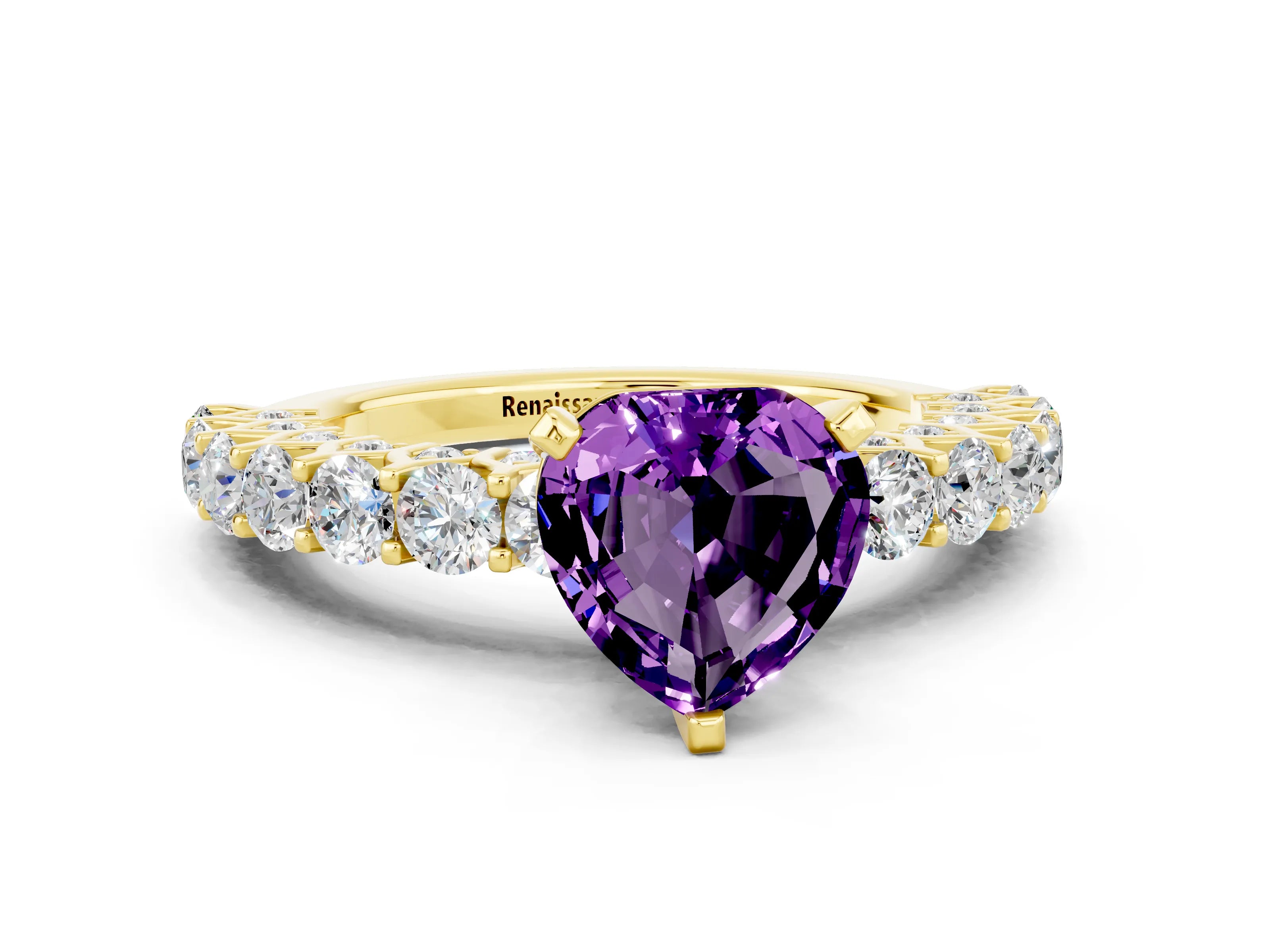 Yellow gold Heart Cut Amethyst Solitaire Ring with Shared Prong Pavé Band and Four-Prong Setting