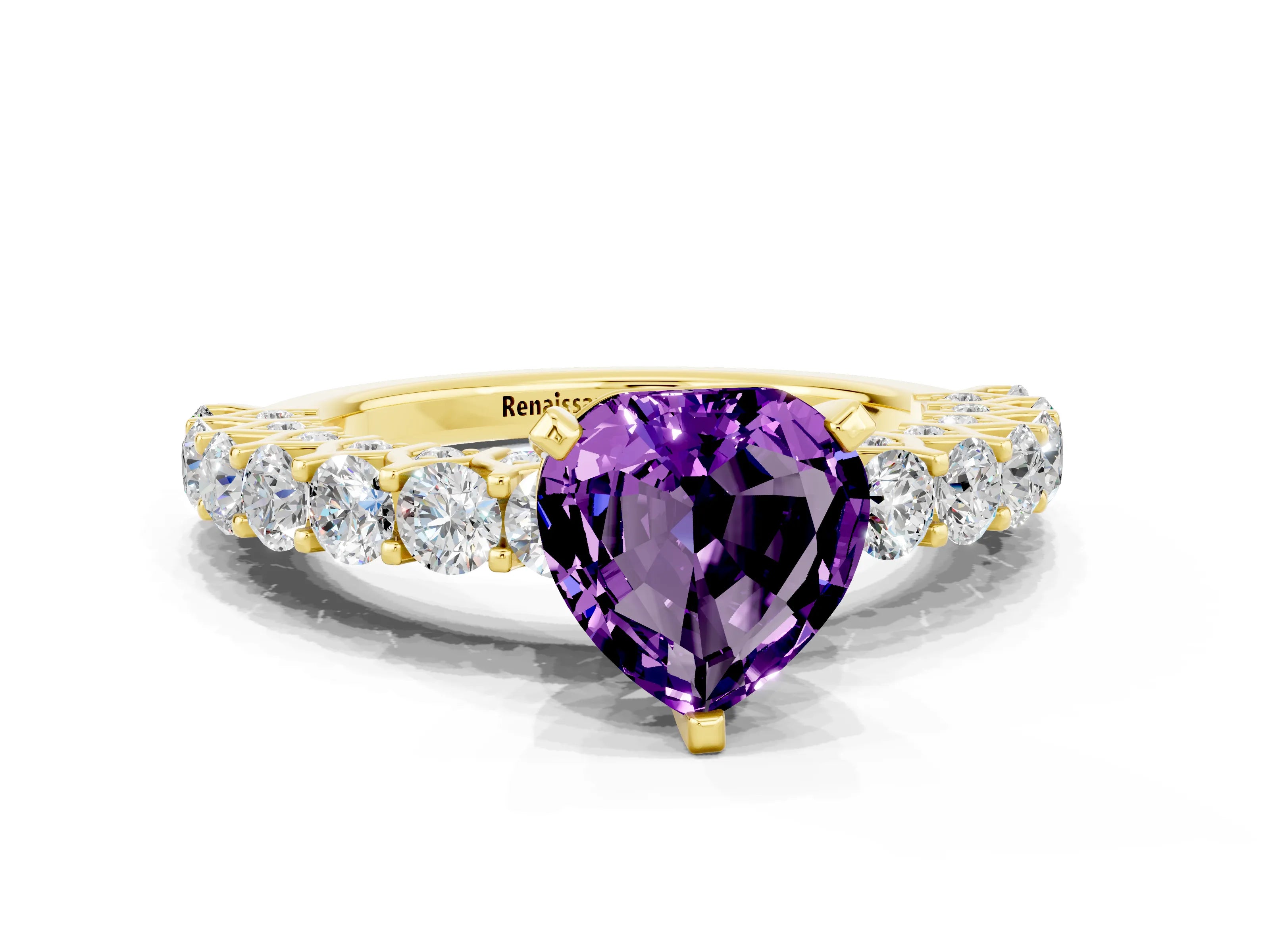 Yellow gold Heart Cut Amethyst Solitaire Ring with Shared Prong Pavé Band and Four-Prong Setting_12