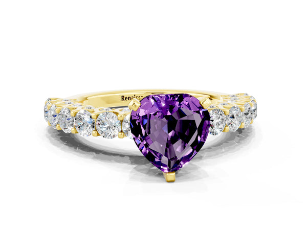 Yellow gold Heart Cut Amethyst Solitaire Ring with Shared Prong Pavé Band and Four-Prong Setting