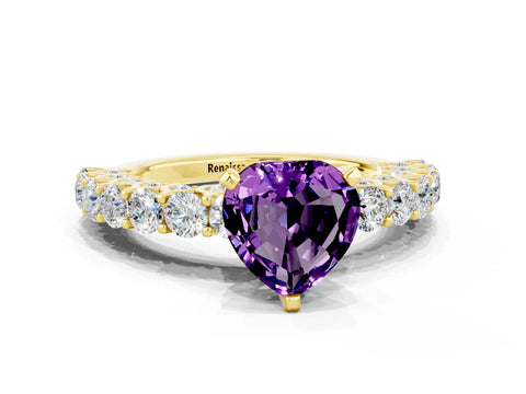 Yellow gold Heart Cut Amethyst Solitaire Ring with Shared Prong Pavé Band and Four-Prong Setting_12