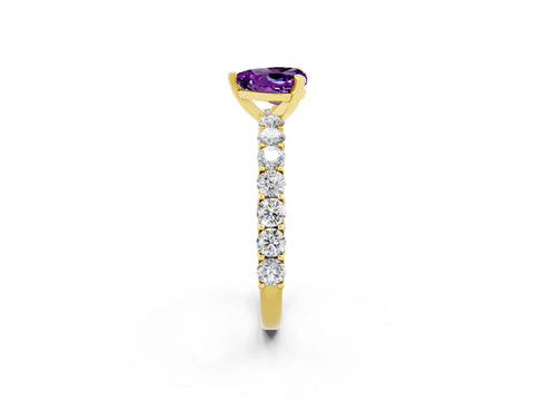 Yellow gold Heart Cut Amethyst Solitaire Ring with Shared Prong Pavé Band and Four-Prong Setting_14