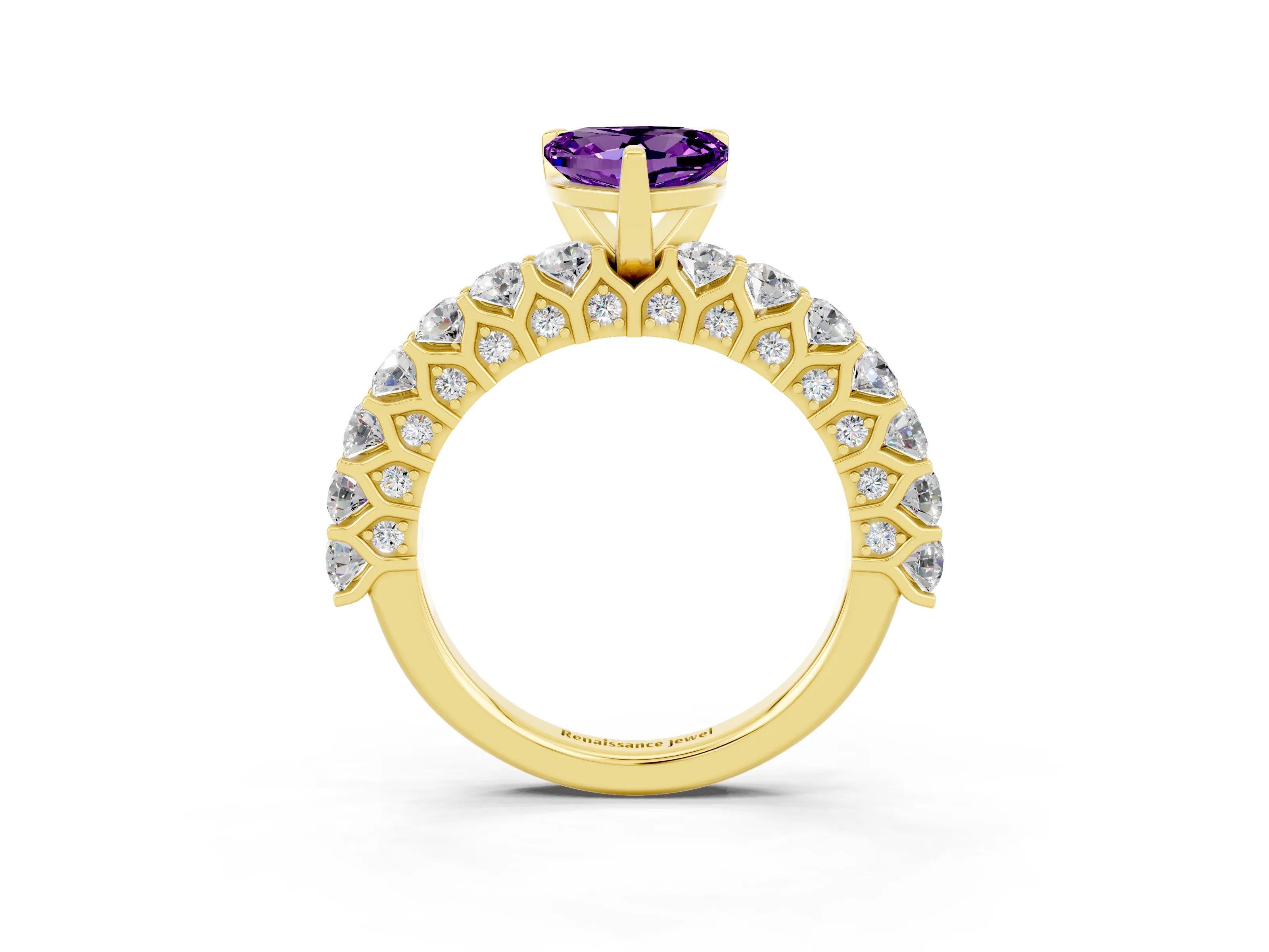 Yellow gold Heart Cut Amethyst Solitaire Ring with Shared Prong Pavé Band and Four-Prong Setting_15