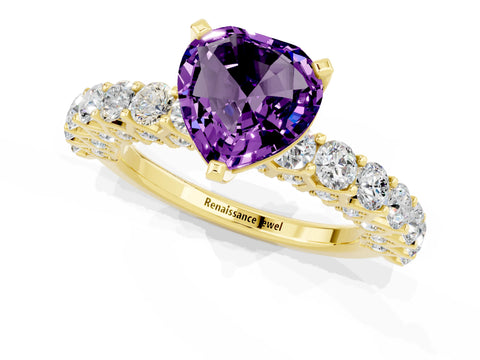 Yellow gold Heart Cut Amethyst Solitaire Ring with Shared Prong Pavé Band and Four-Prong Setting_1