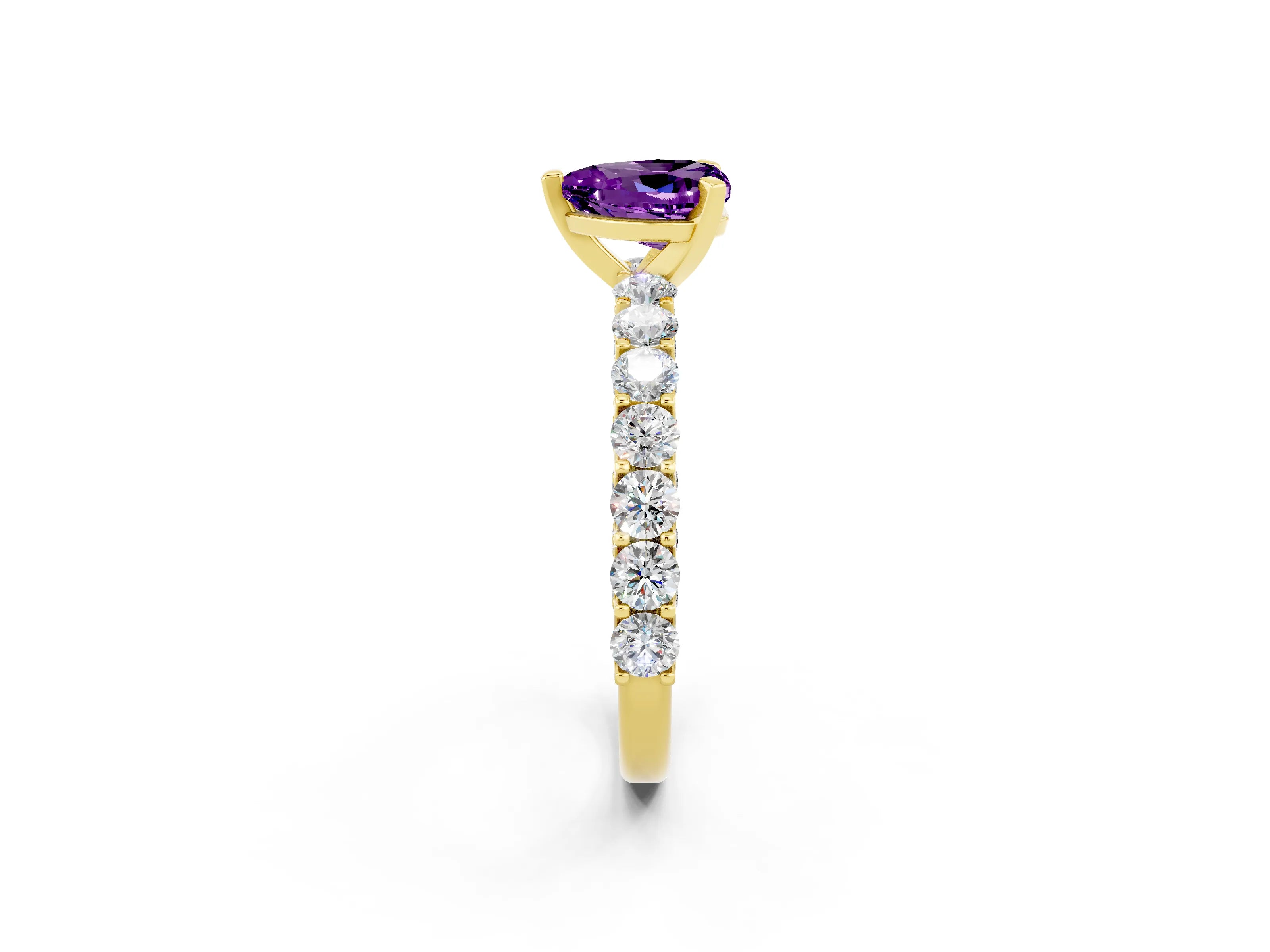 Yellow gold Heart Cut Amethyst Solitaire Ring with Shared Prong Pavé Band and Four-Prong Setting_2