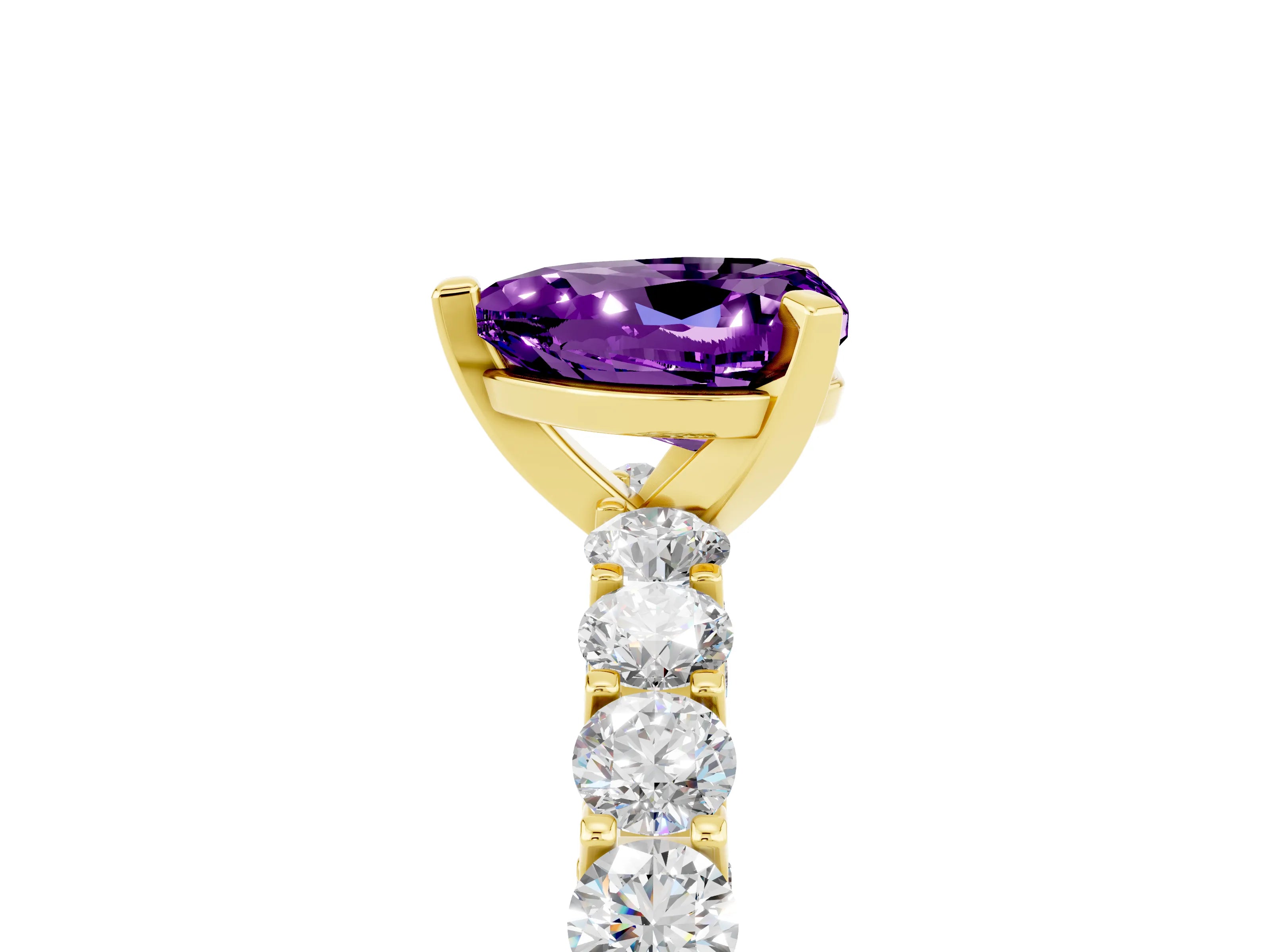 Yellow gold Heart Cut Amethyst Solitaire Ring with Shared Prong Pavé Band and Four-Prong Setting_5