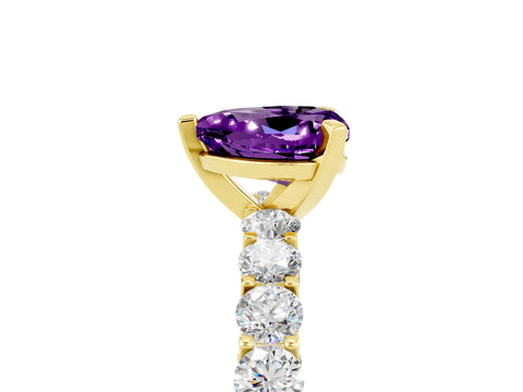 Yellow gold Heart Cut Amethyst Solitaire Ring with Shared Prong Pavé Band and Four-Prong Setting_5