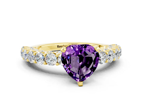 Yellow gold Heart Cut Amethyst Solitaire Ring with Shared Prong Pavé Band and Four-Prong Setting
