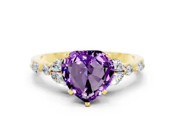 Yellow gold Heart Cut Amethyst Solitaire Ring with Side Stones and Four-Prong Setting