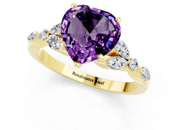 Yellow gold Heart Cut Amethyst Solitaire Ring with Side Stones and Four-Prong Setting