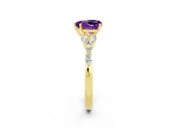 Yellow gold Heart Cut Amethyst Solitaire Ring with Side Stones and Four-Prong Setting