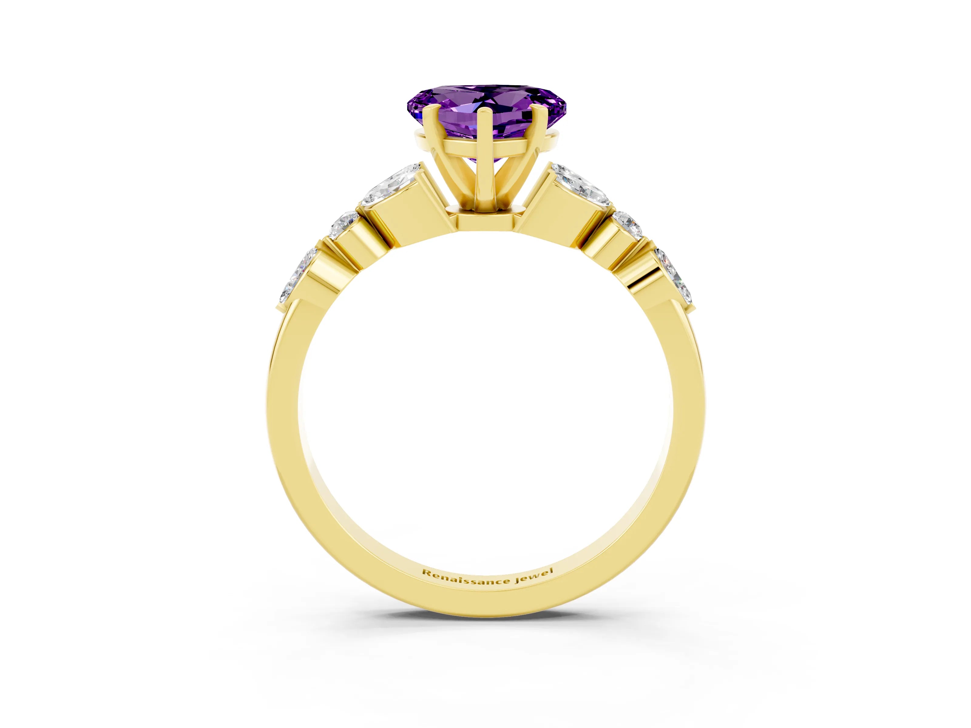 Yellow gold Heart Cut Amethyst Solitaire Ring with Side Stones and Four-Prong Setting_15